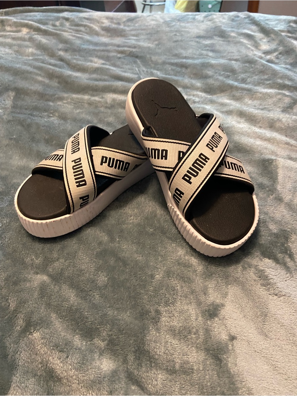Puma womens Black Slides with White Logo Straps